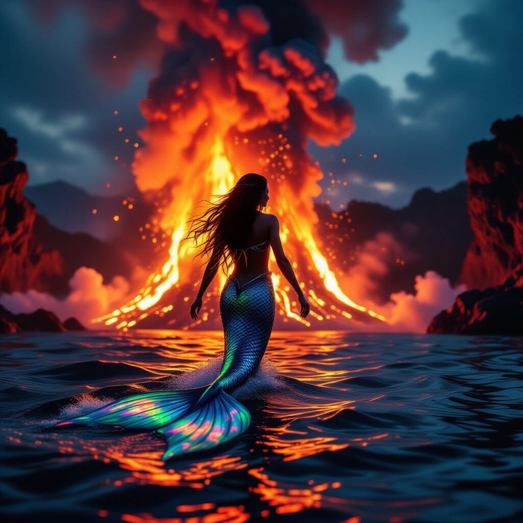 Mermaid Near Erupting Volcano in Dramatic Cinematic Style
