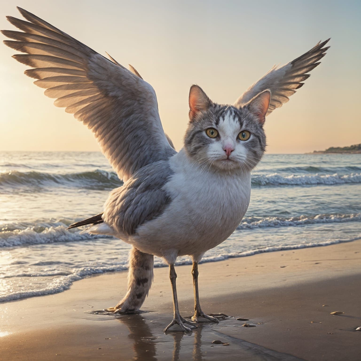 Ethereal Seagull Cat Hybrid on a Beach