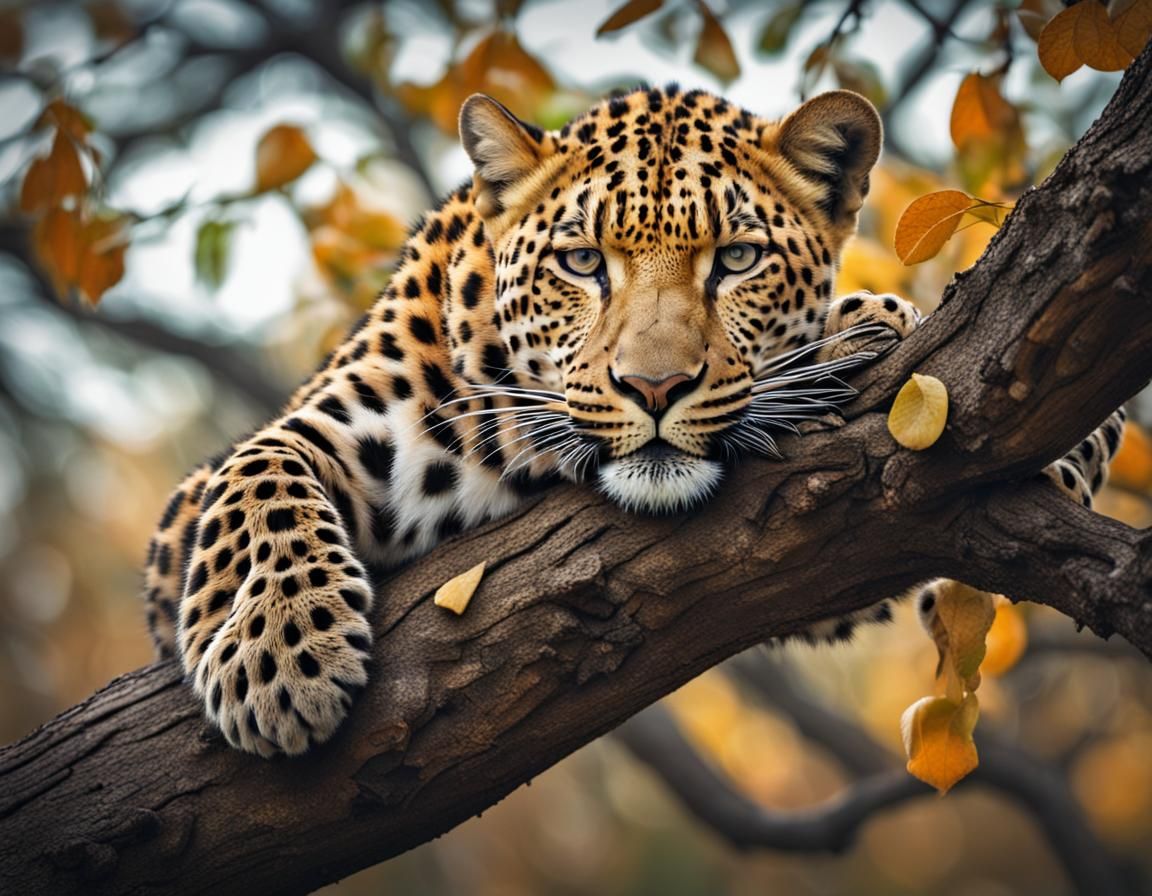 Leopard Asleep on Tree Branch in Lush Forest