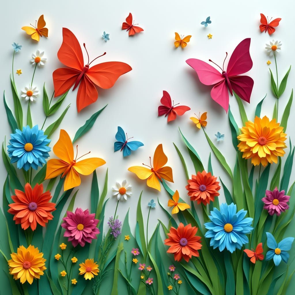 Vibrant Paper Collage of Butterflies and Flowers