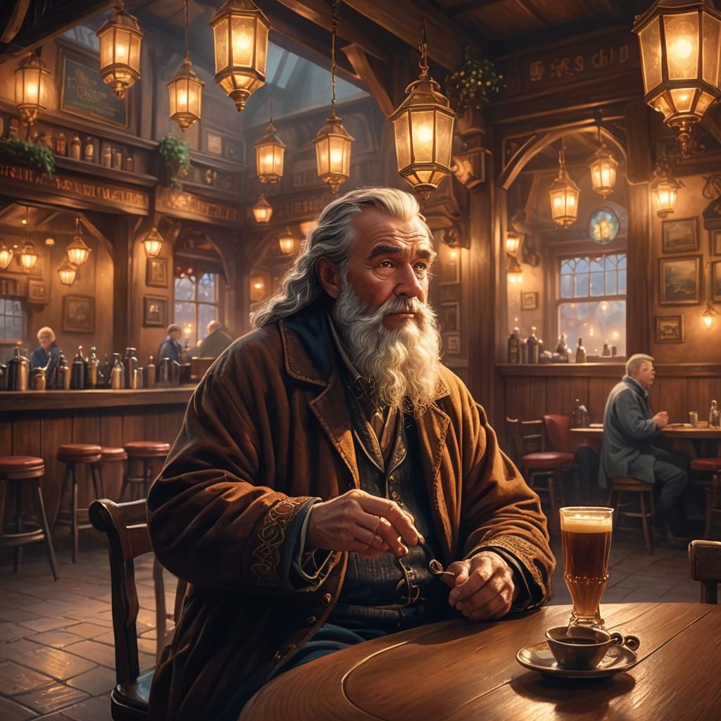 Wise Man in Dimly Lit Pub with Ethereal Mist