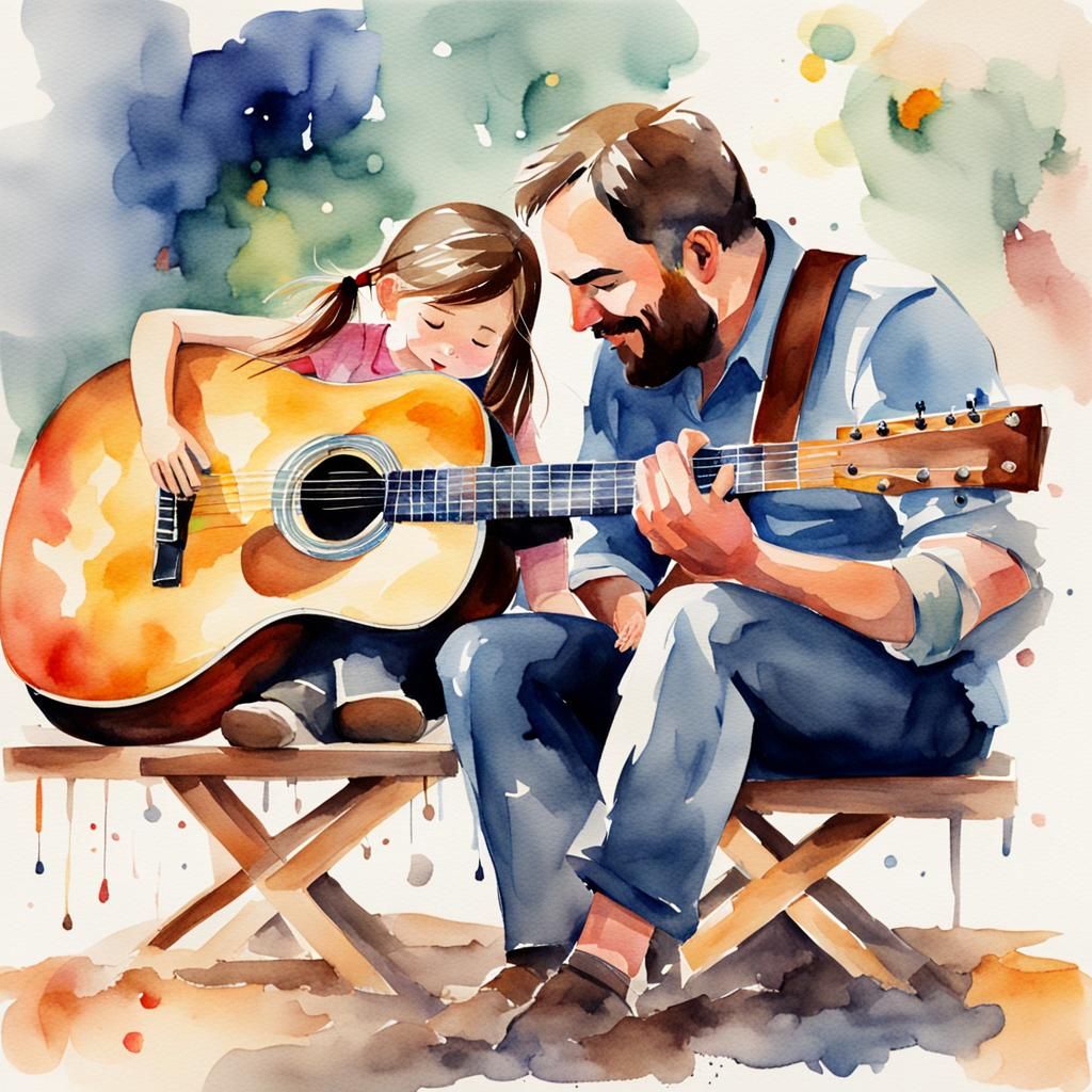 Watercolor Father and Daughter Guitar Serenade