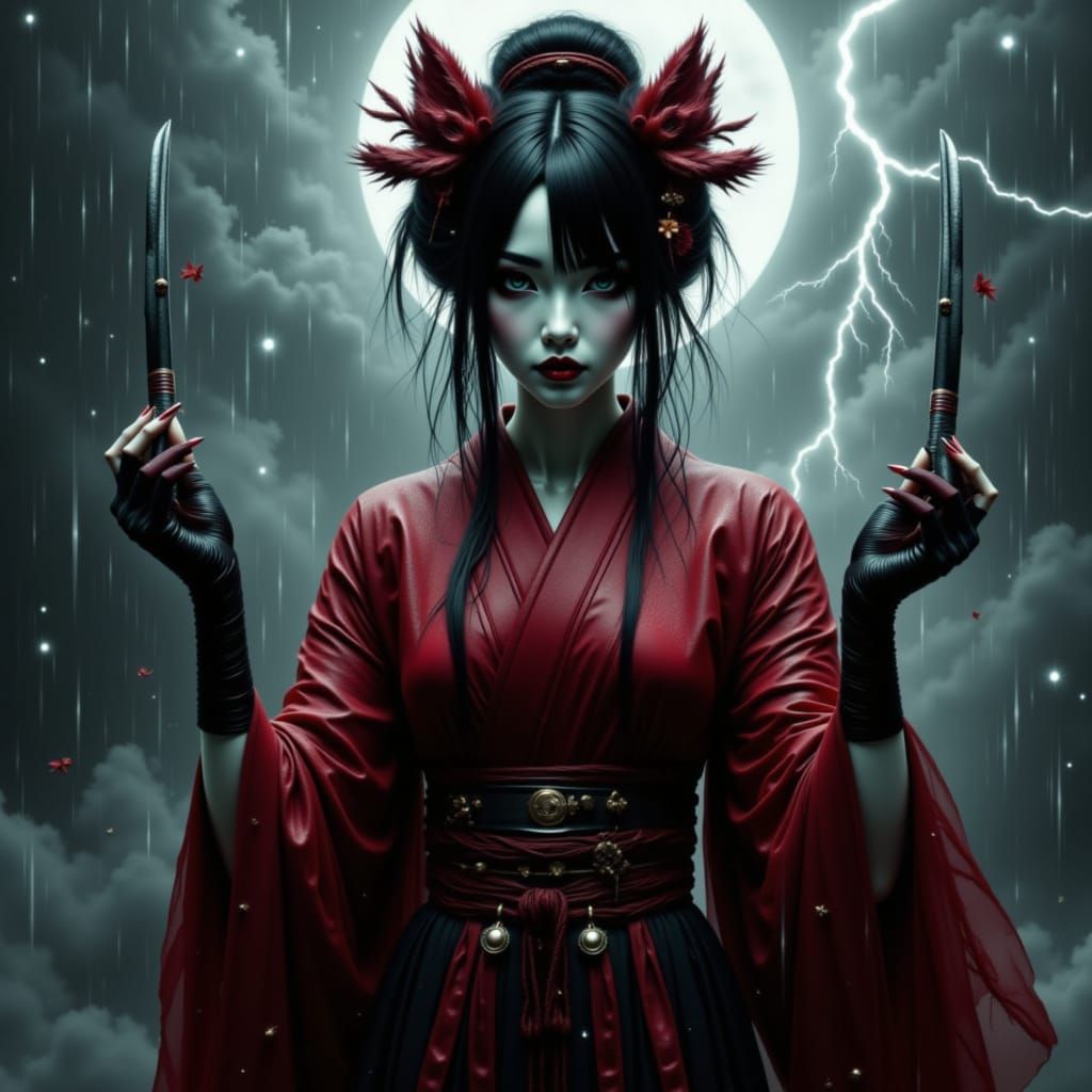 Gothic Geisha Kunoichi in Combat Pose with Daggers