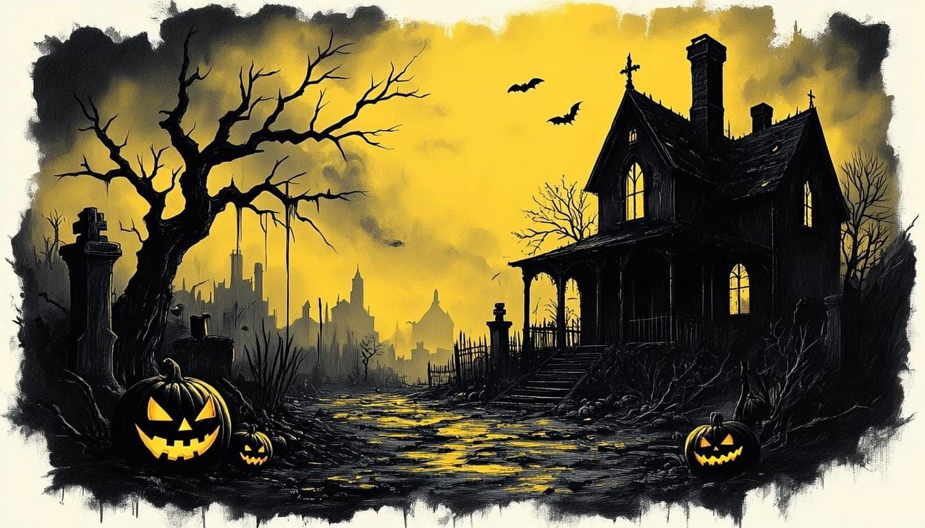 Gothic Halloween Scene in Pencil Art Style