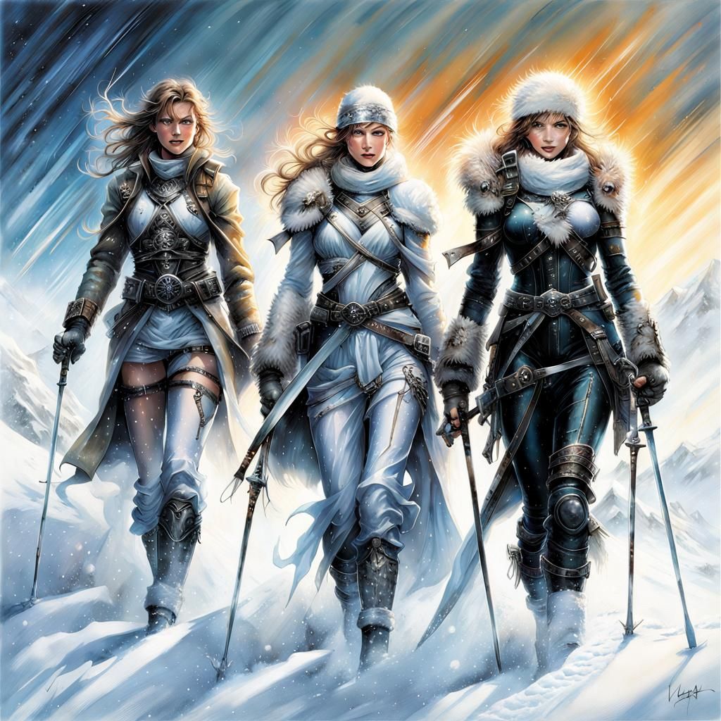 Lesbian Triad Skiing at Winter Dawn