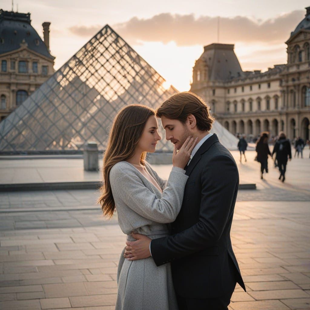Romantic Couple Embrace at Louvre Sunset