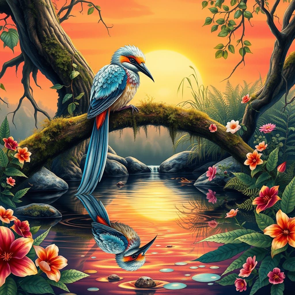 Vibrant Exotic Bird Perched in Sunset Glory