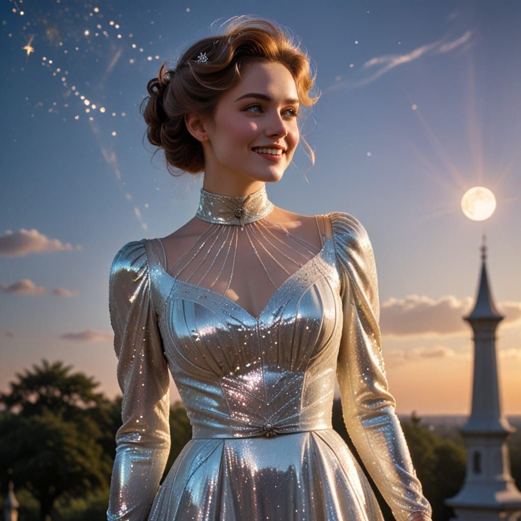 Gibson Girl Shines Under Moonlight in Elegant Edwardian Gown