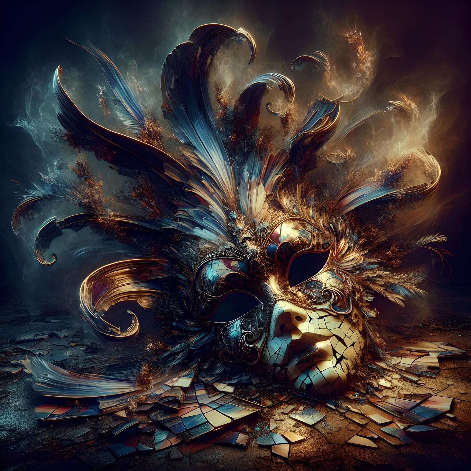 Shattered Venetian Mask in Surreal Fantasy Style