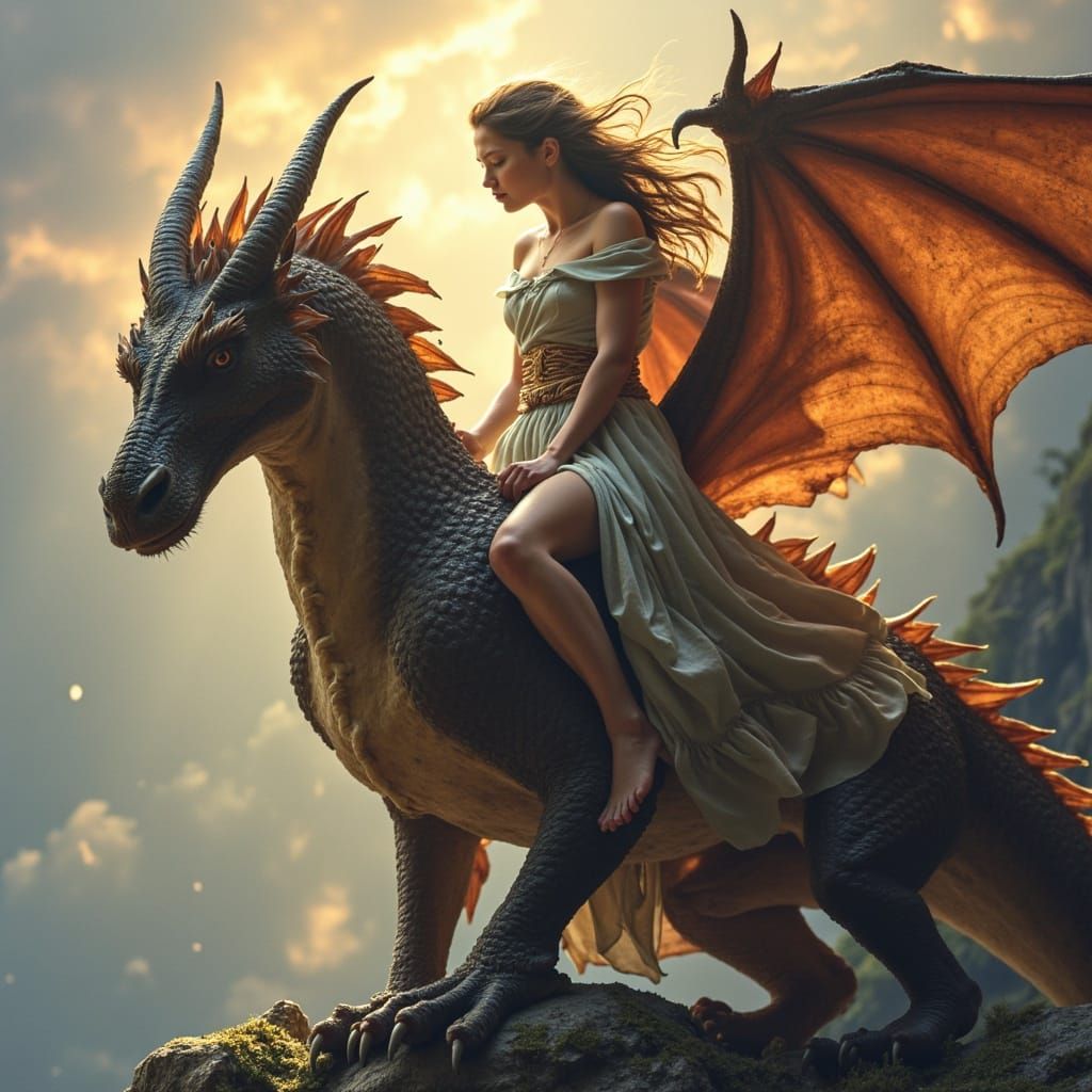 Ethereal Fantasy Portrait of a Heroine Perched on a Dragon