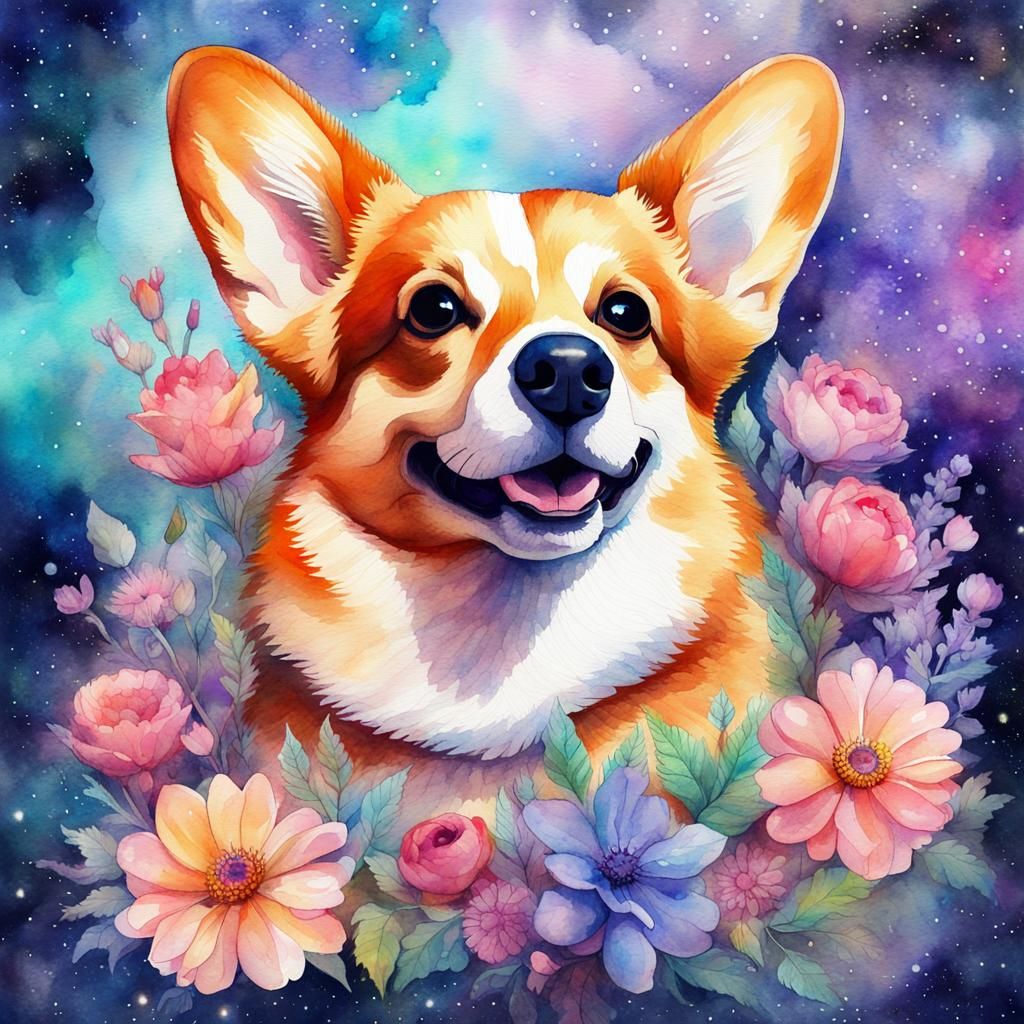 Watercolor Corgi with Flowers in Astral Style