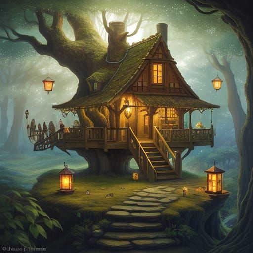 Enchanting Treehouse Illustration in Ghibli Style
