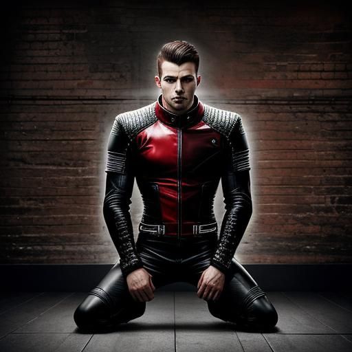 Muscular Man in Leather Biker Suit in Dungeon