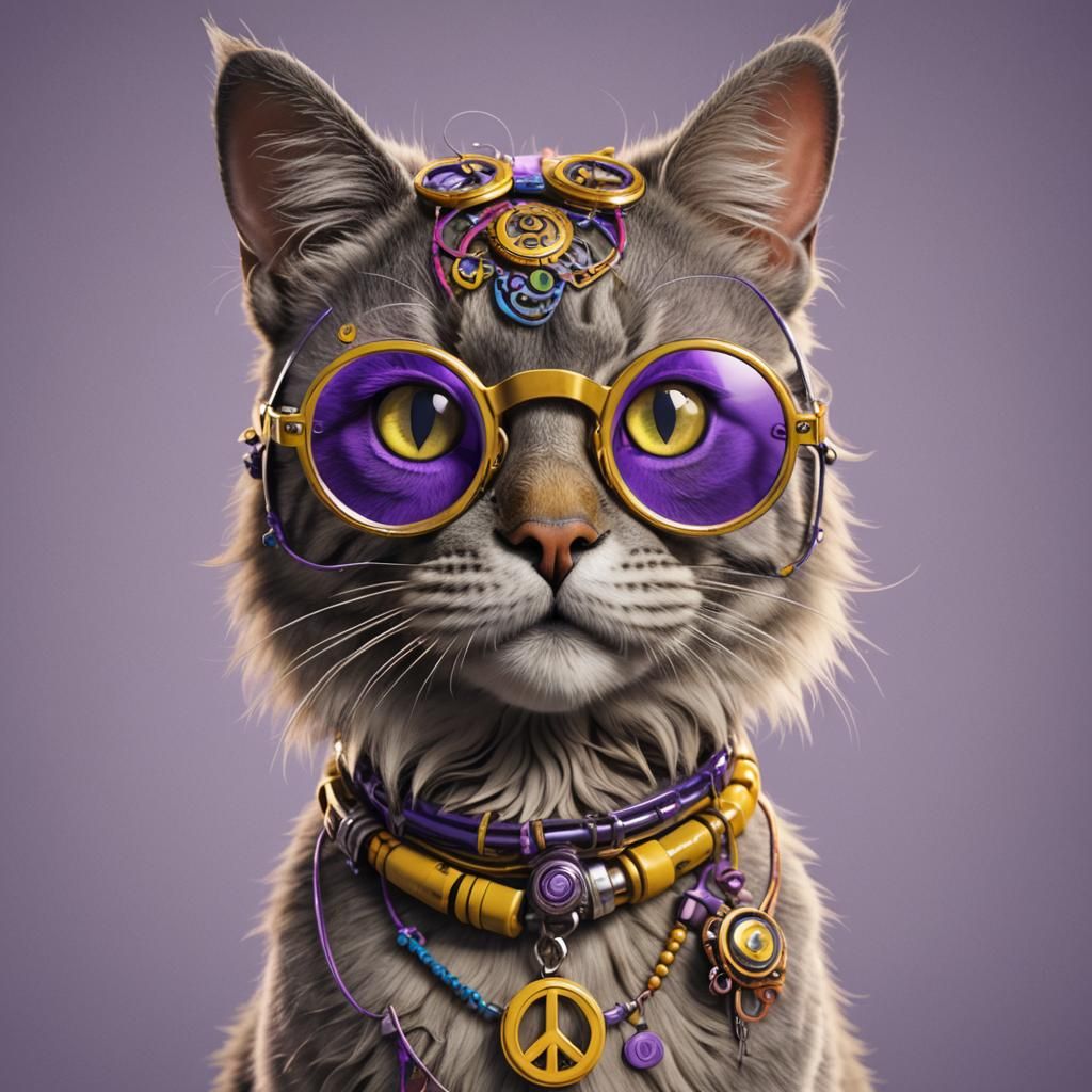 Anthropomorphic Hippie Cat Portrait in 8K Resolution