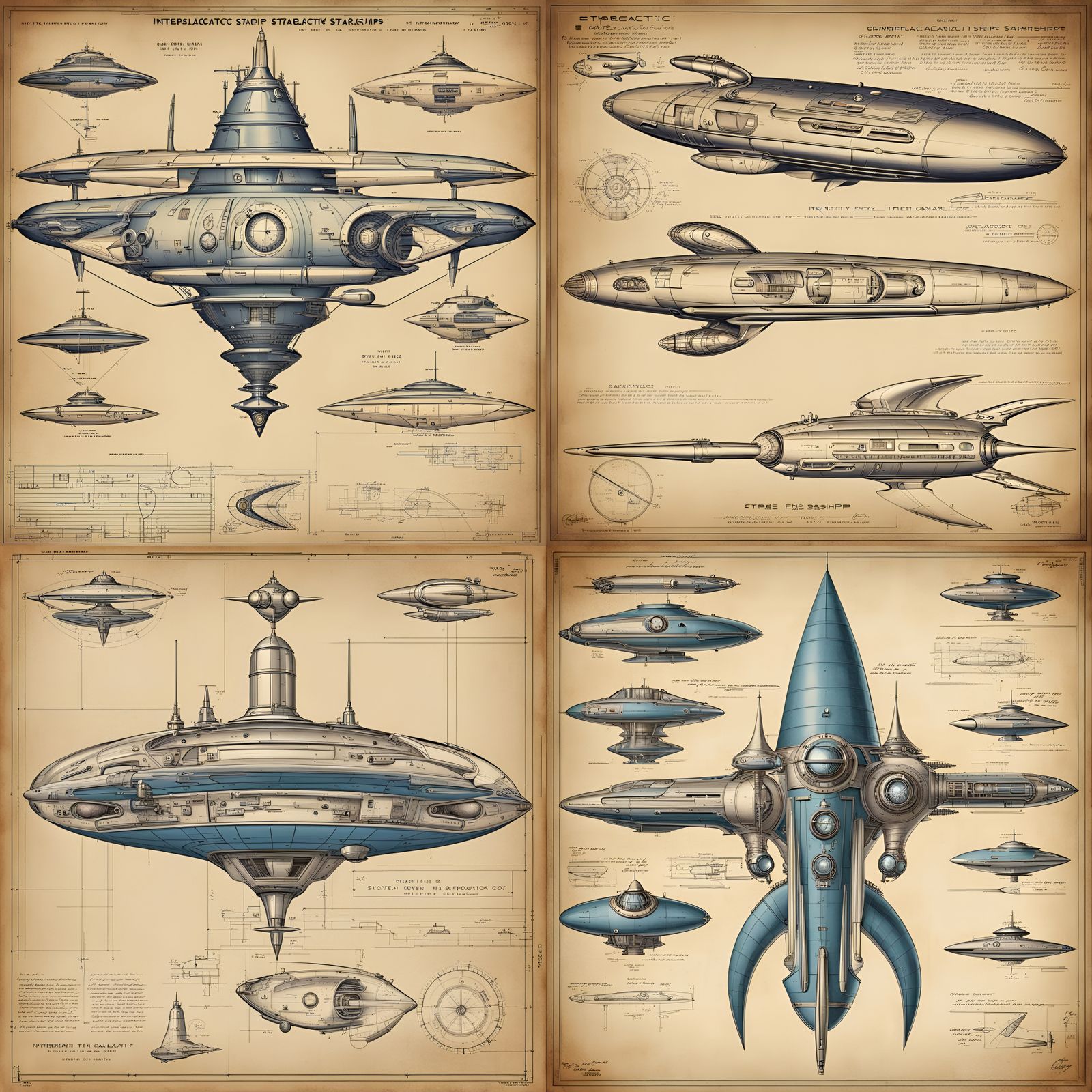 Retro Steampunk Intergalactic Starships Blueprint