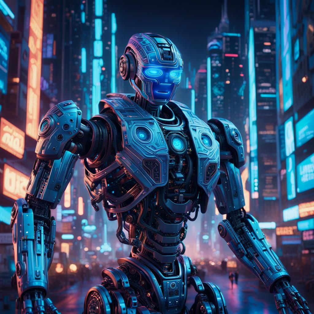 AI Robot in Neon Cityscape: Digital Matte Painting