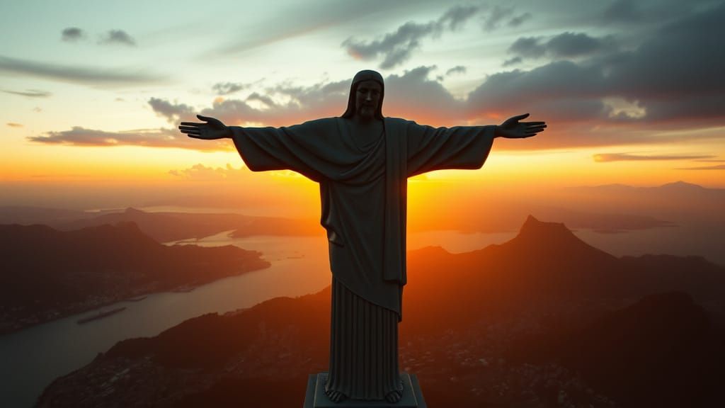 Rio's Christ Redeemer Statue Suspended in Air at Sunset