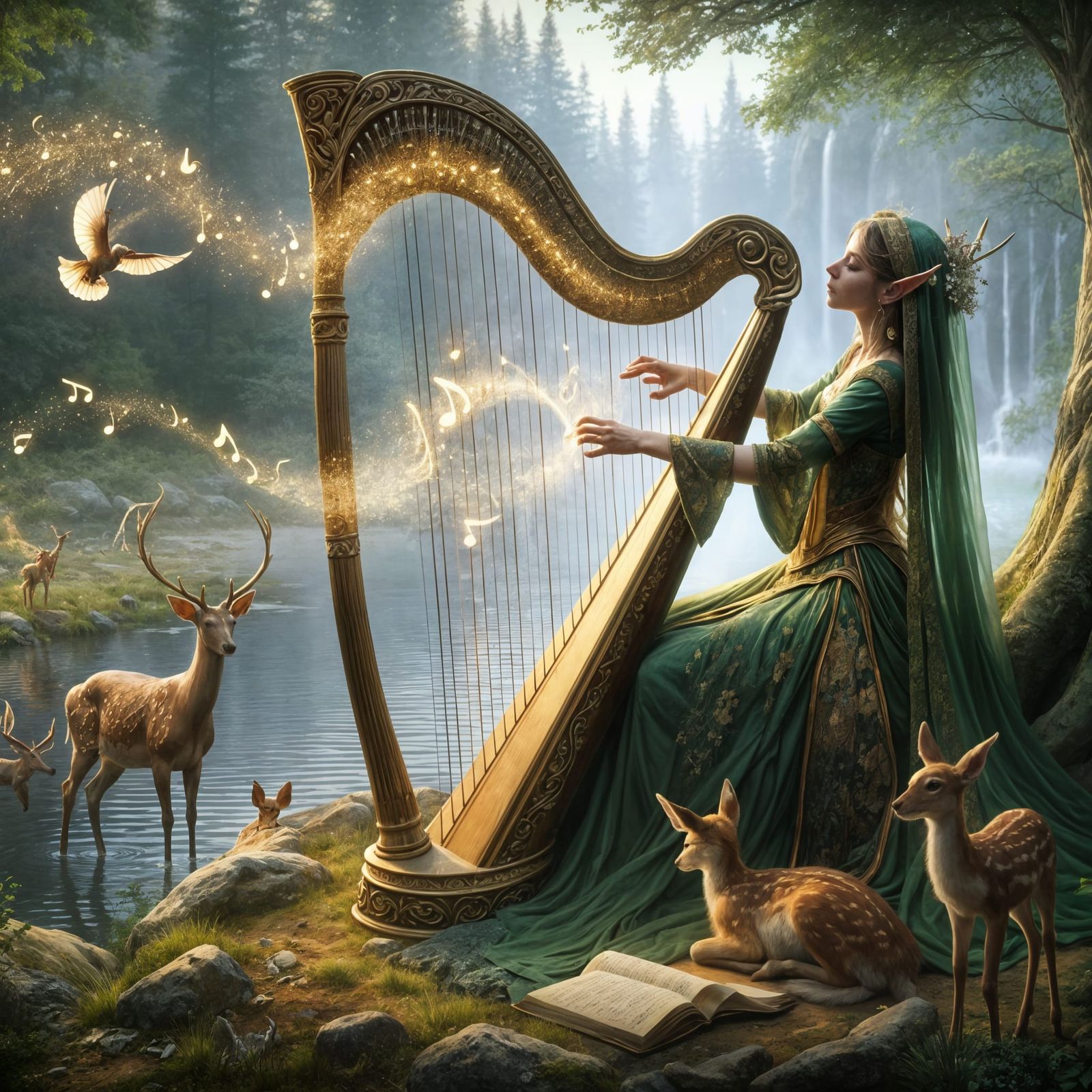 Enchanting Elf Princess Plays Harp by Pond