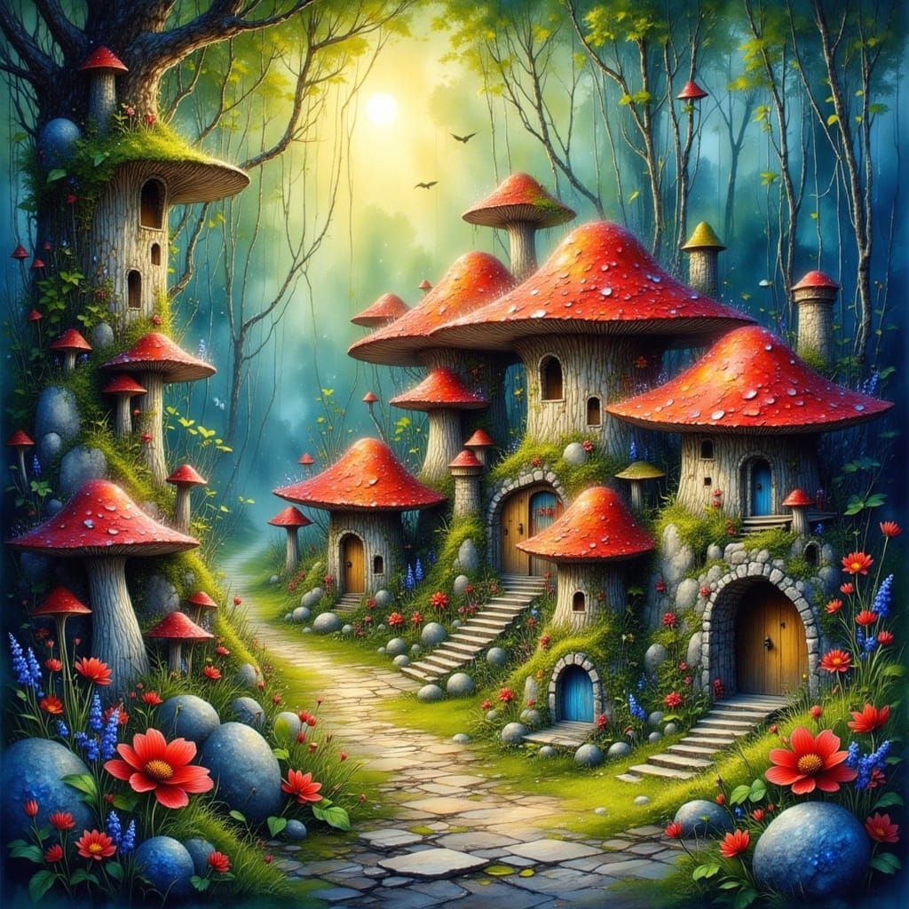 Whimsical Mushroom Village in Sun-Dappled Forest Clearing