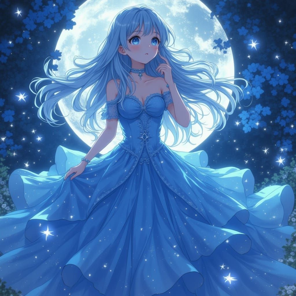 Anime Girl in Moonlight with Flowing Silk Gown