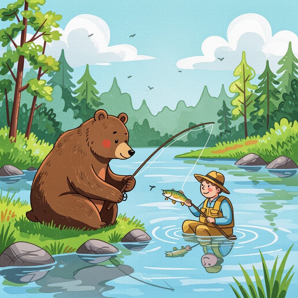Bear and Human Fishing Together in Watercolor Style
