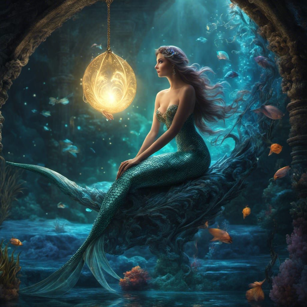 Ethereal Mermaid with Glowing Tail in Gothic Style