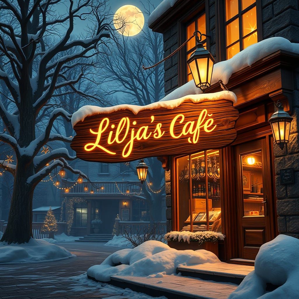 Whimsical Winter Cafe Scene in Golden Hour