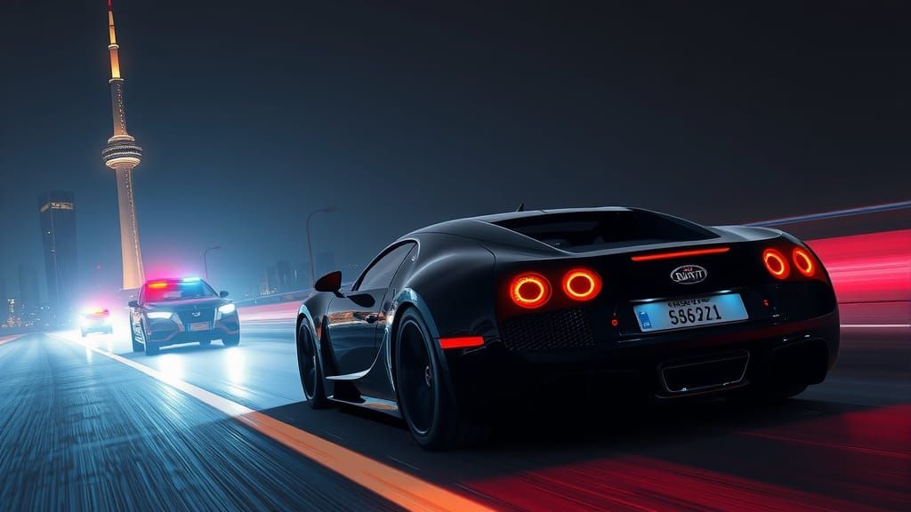 Bugatti Speeding Through Cyberpunk Cityscape