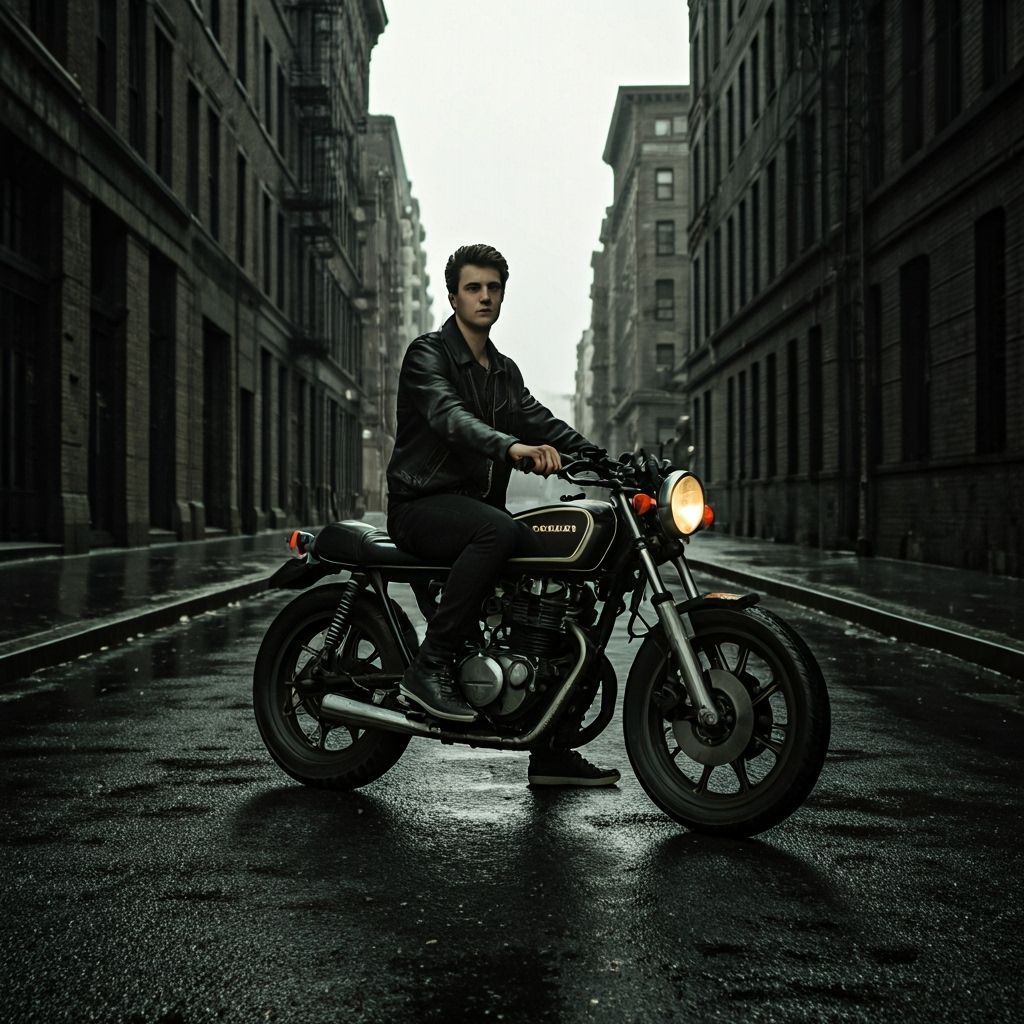 Moody B&W Motorcycle Rider in Rainy Cityscape