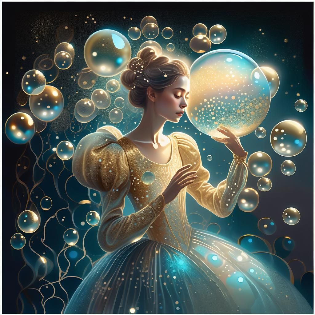 Woman in Golden Gown Surrounded by Orbs
