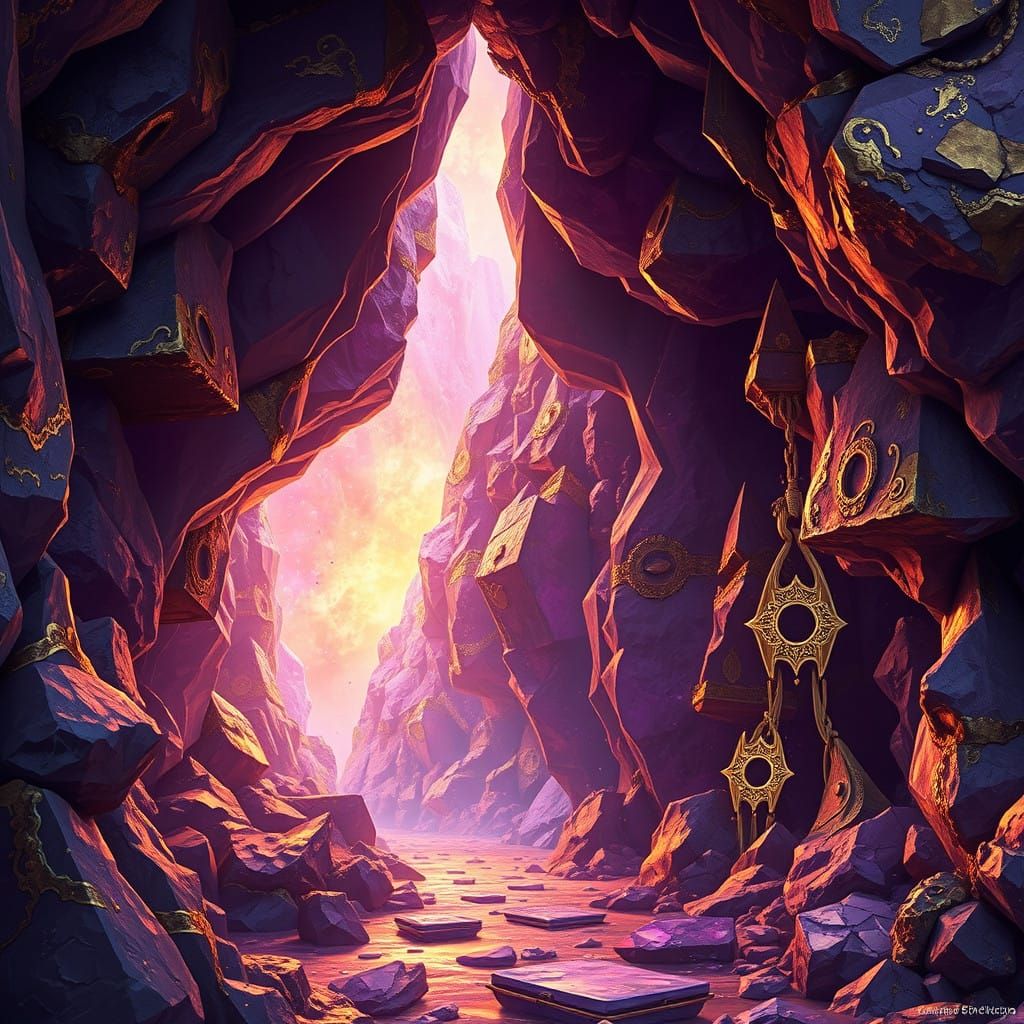 Surreal Amethyst Cave Reveal with Golden Accents in 8K Resol...