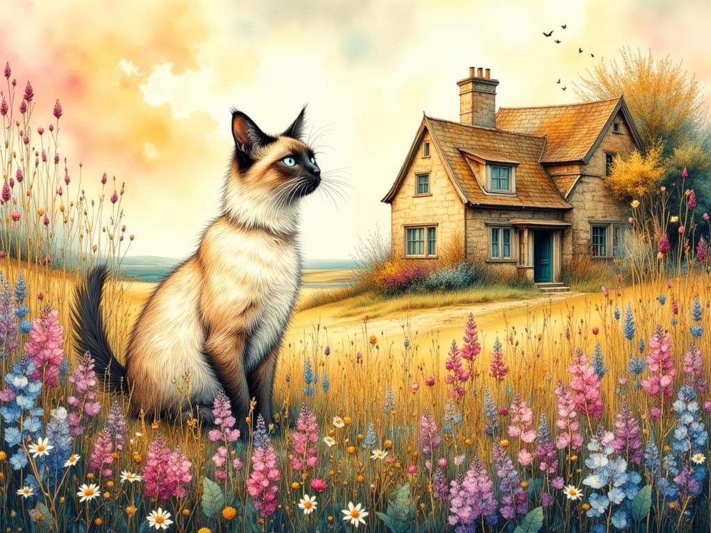 Cute Fluffy Siamese Cat in Flower Field