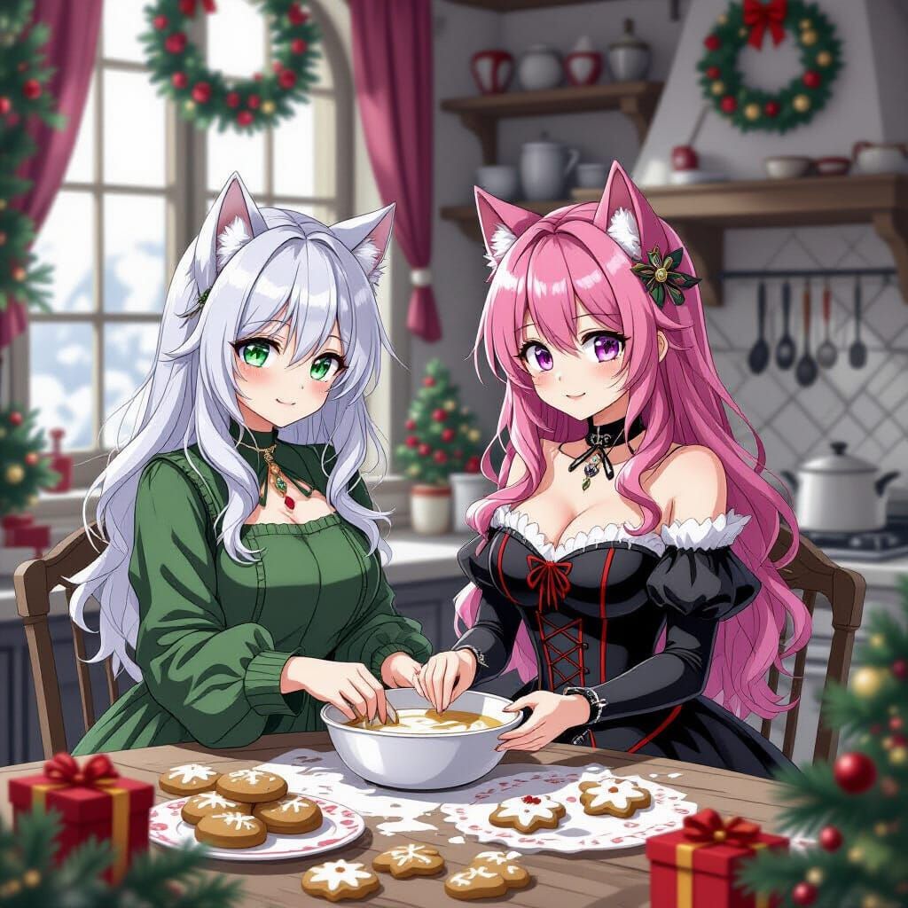 Anime Style Christmas Baking Scene with Gothic Elements
