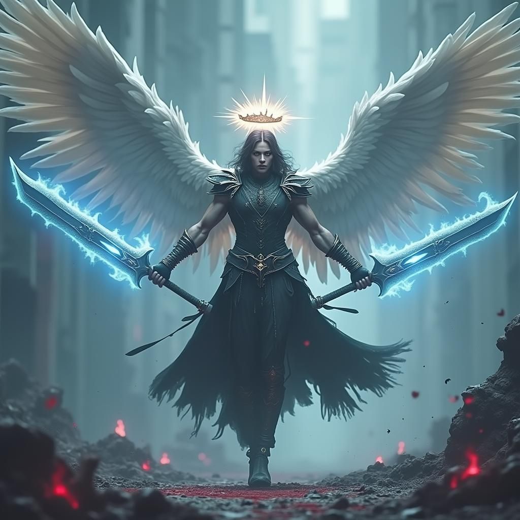 Majestic Fallen Angel with Glowing Swords