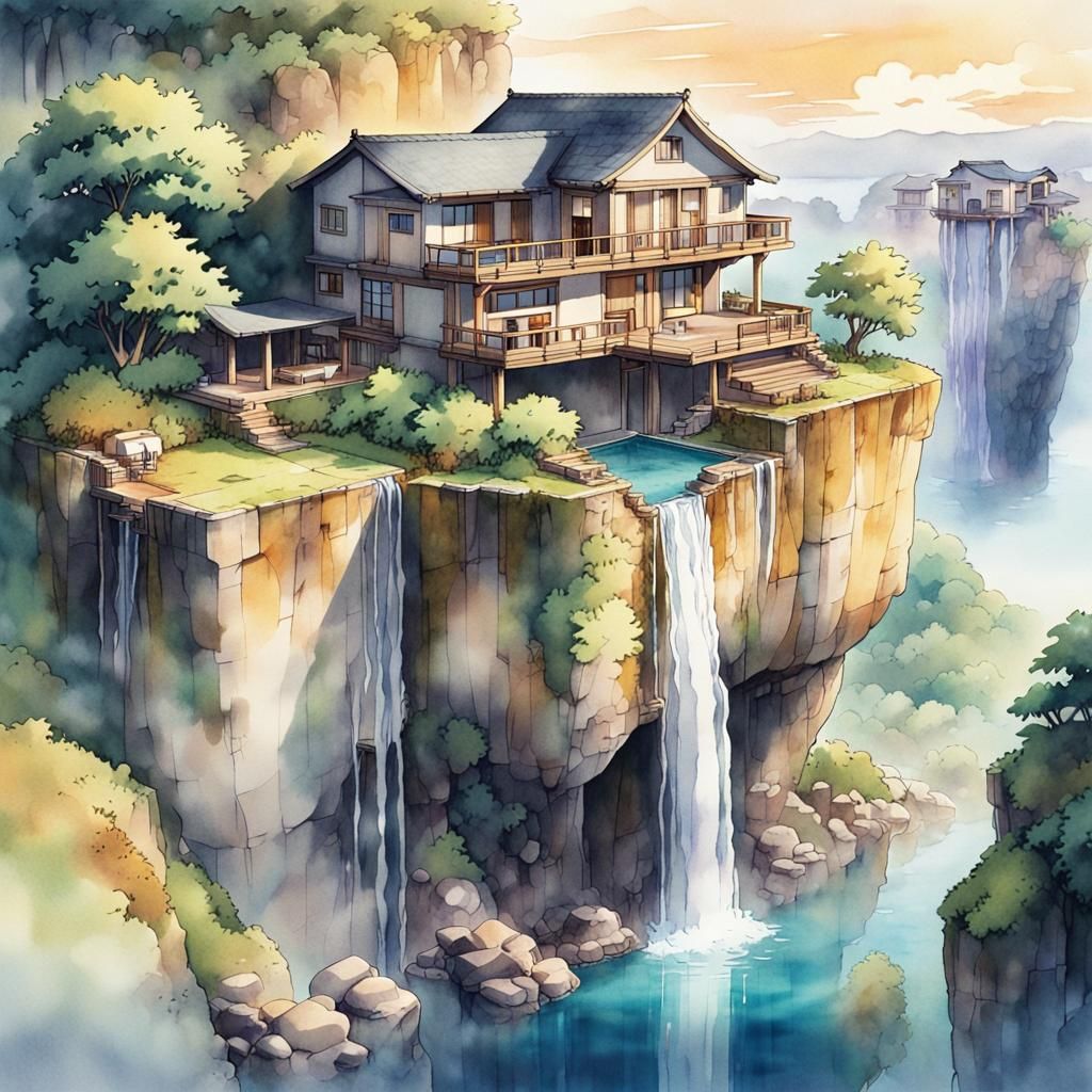 Majestic Cliffside House with Waterfall: Anime Key Visual