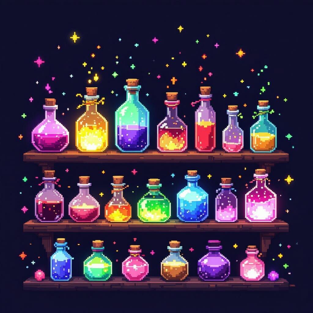 Pixel Art: Glowing Potion Bottles on Wooden Shelf