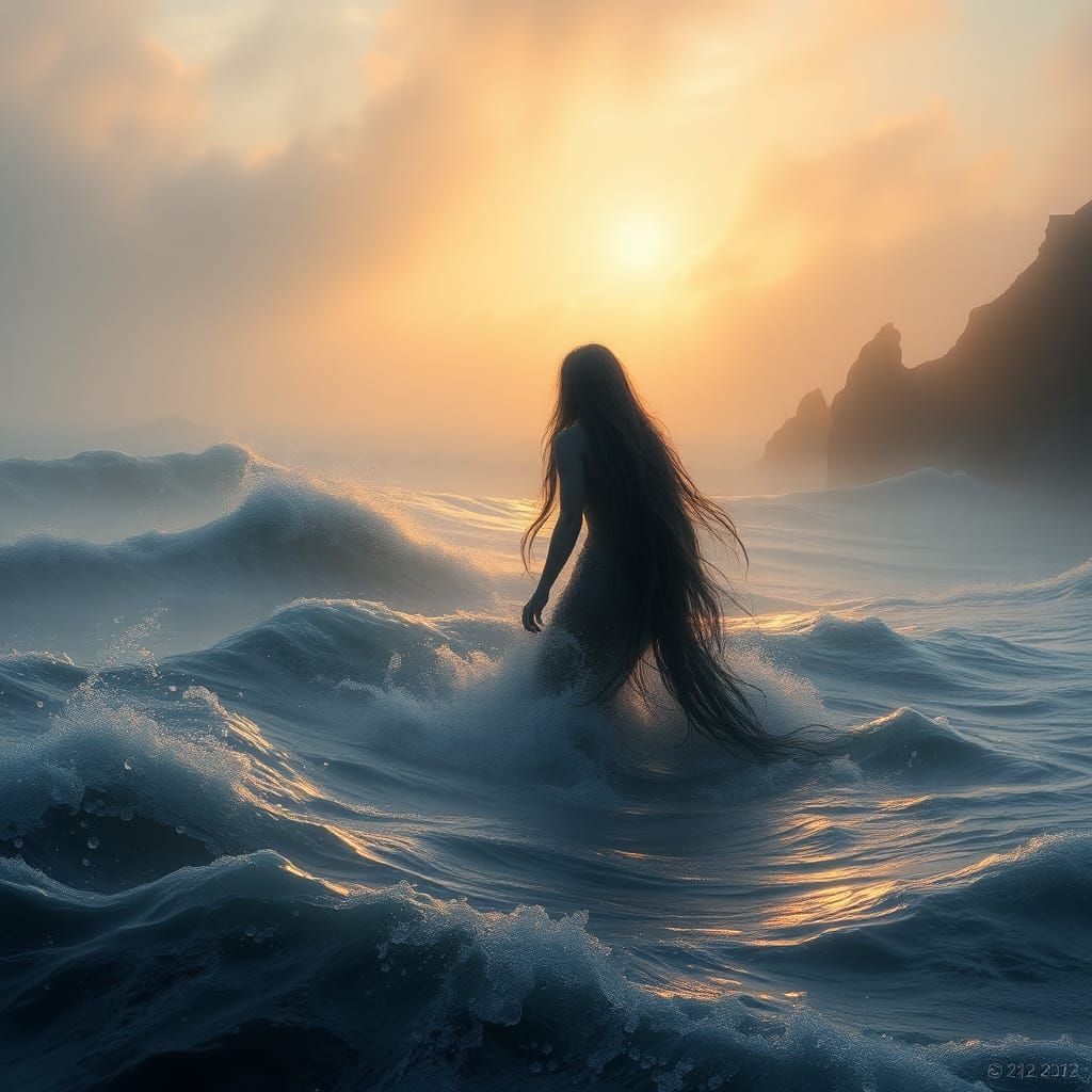 Mystical Selkie Emerges from Misty Ocean