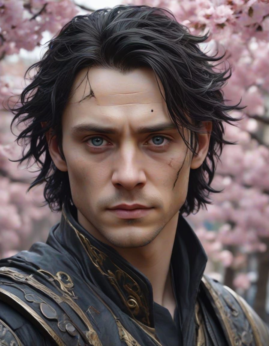 Gothic Loki Amidst Cherry Blossoms in Dark, Vivid Colors