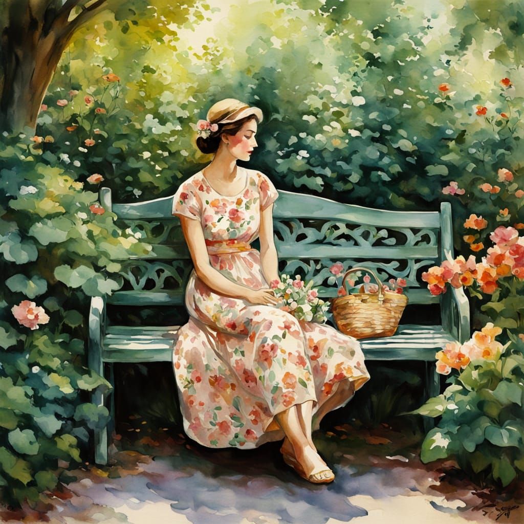 Woman in English Country Garden with Whimsical Brushstrokes
