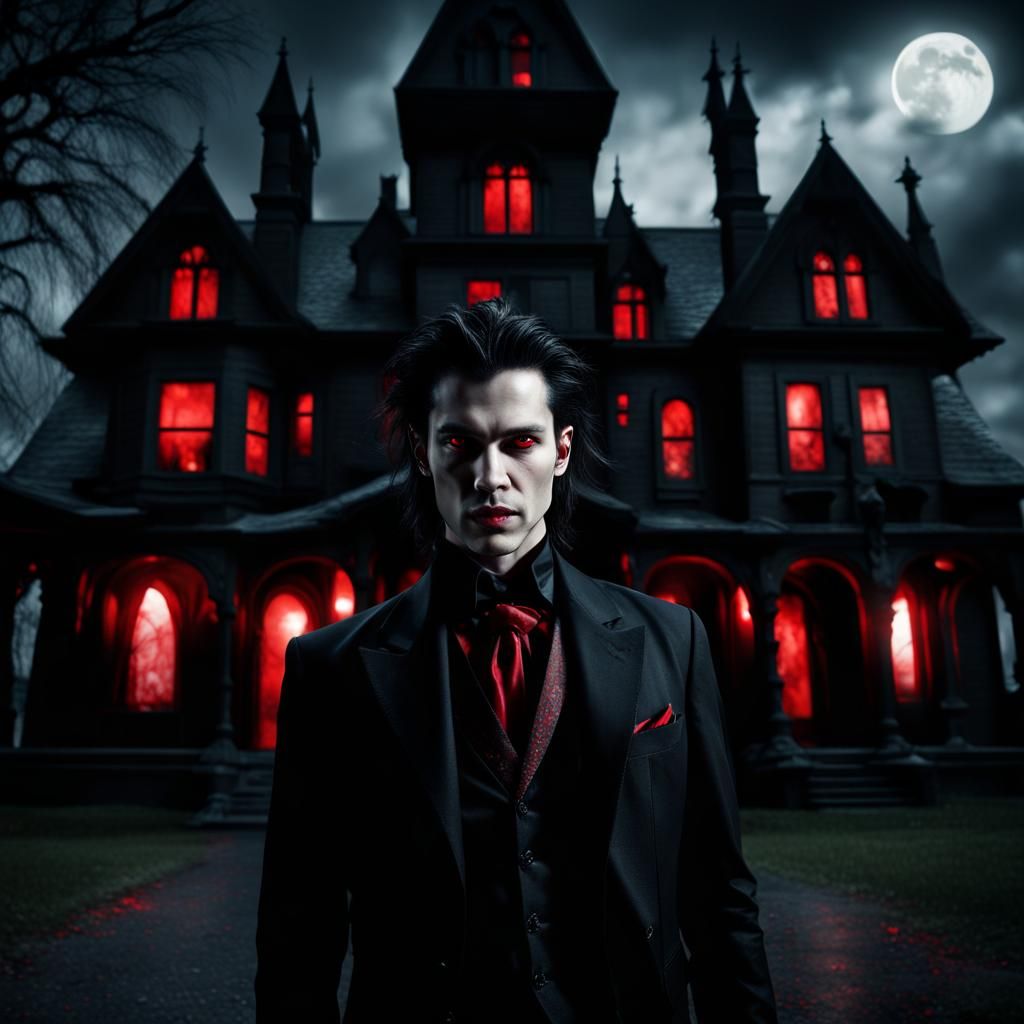 Angelic Vampire in Front of Haunted House