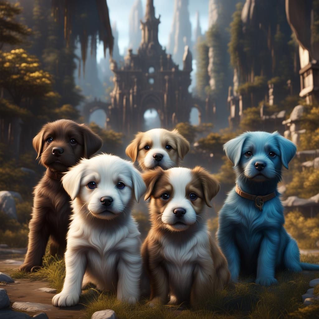 Puppies in Detailed Matte Painting Style