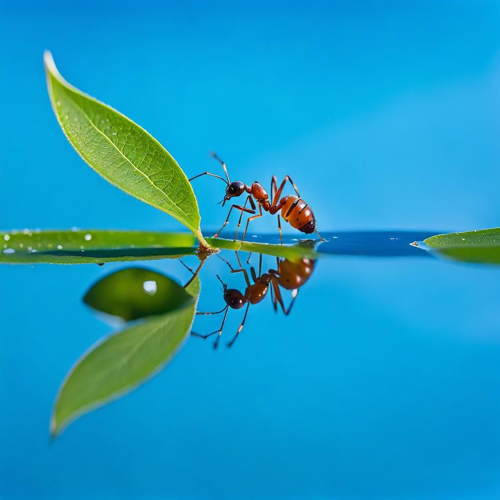 Ant Contemplates Reflection in Macro Still Life