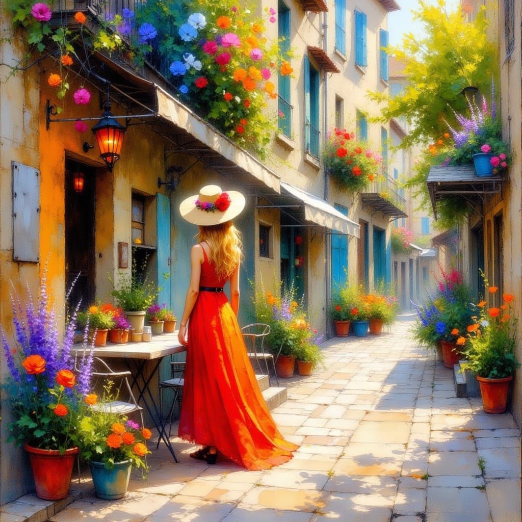 Woman in Red Dress Outside Cafe with Flower Baskets