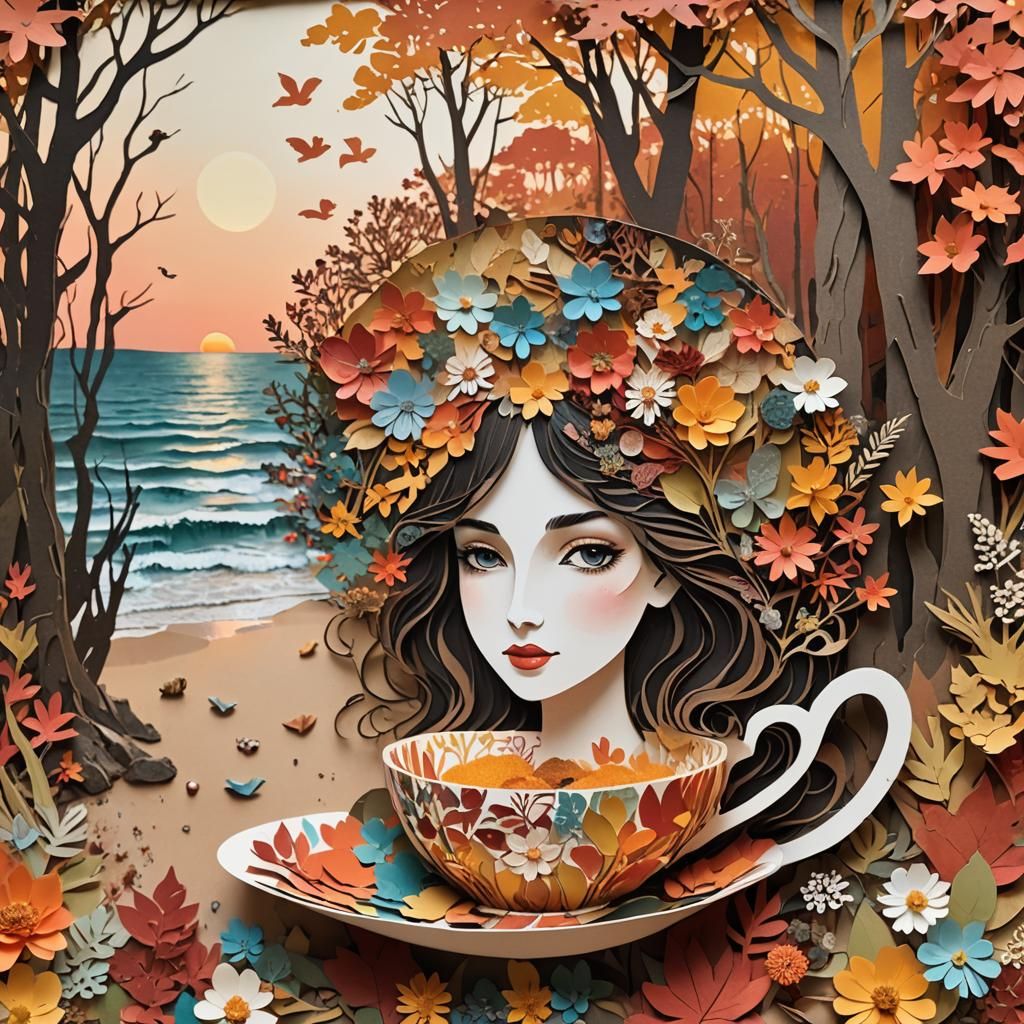 Magical Papercut Teacup with Autumn Beach Scene