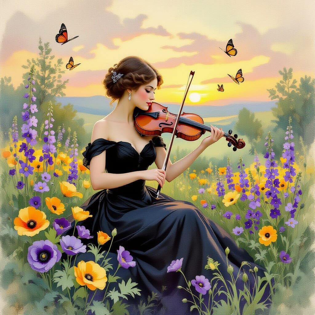 Elegant Lady with Violin in Watercolor Style