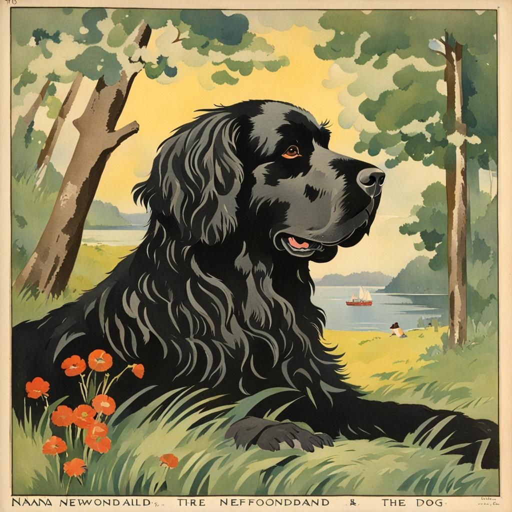 Nana the Newfoundland Dog: 1920s Gouache Illustration