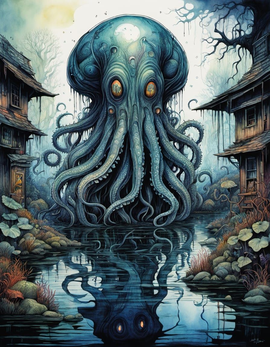 Tentacled Horror Emerges: A Watercolor Brush Pen Drawing