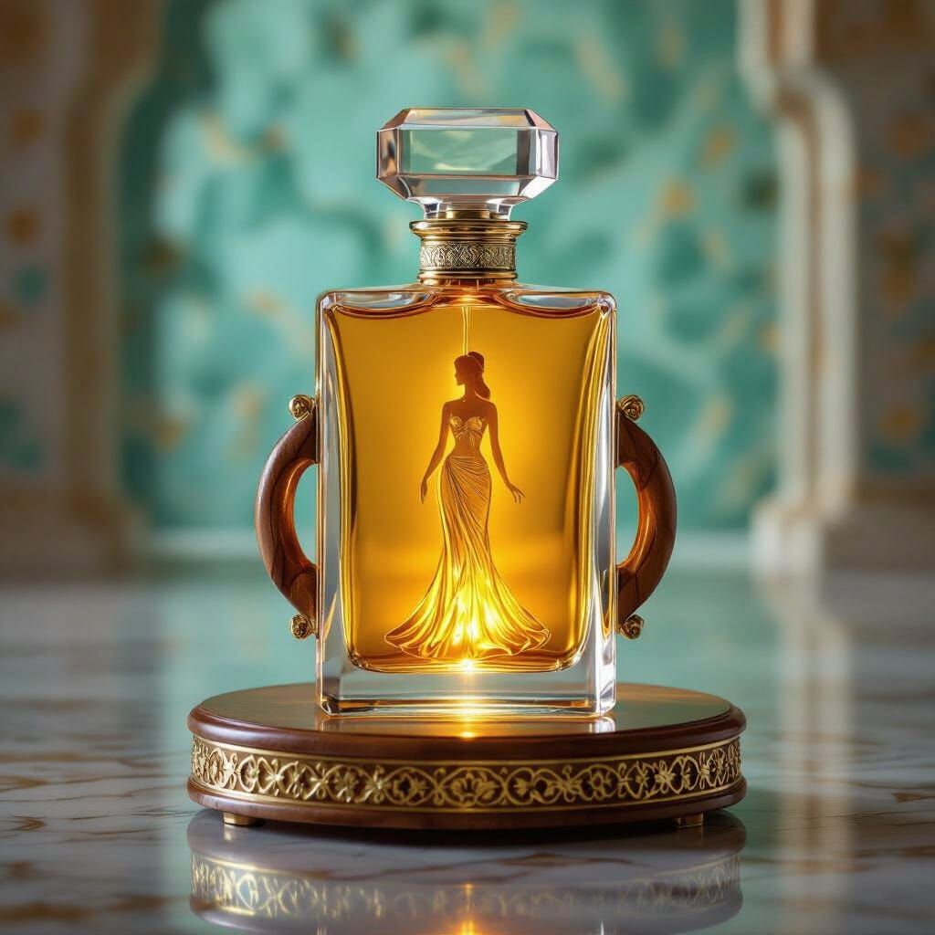 Sacred Amber-Gold Perfume Bottle Glowing With Feminine Light
