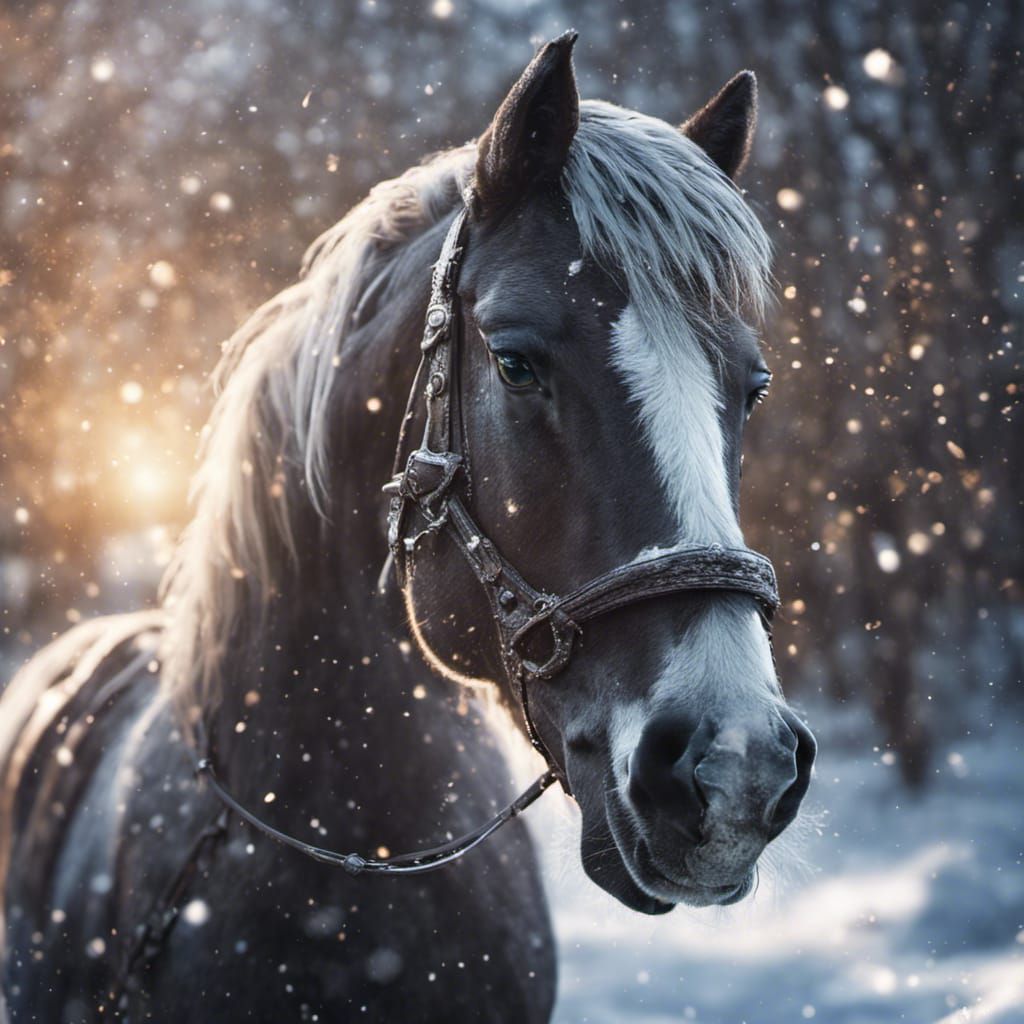 Horse Headshot in Sparkly Winter Snow: Detailed Matte Painti...