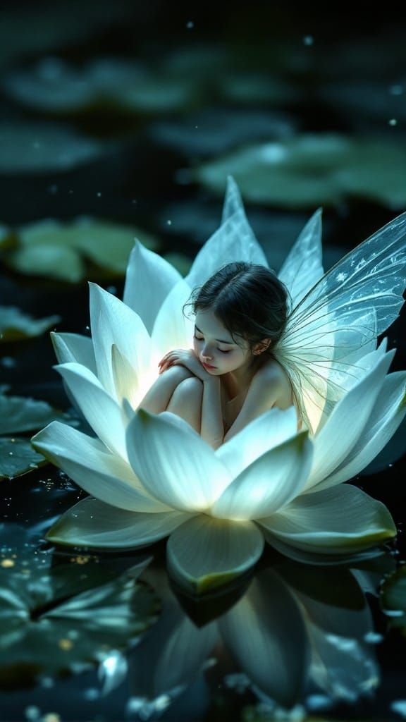 Tiny Fairy Sleeps in Lotus Bloom at Night